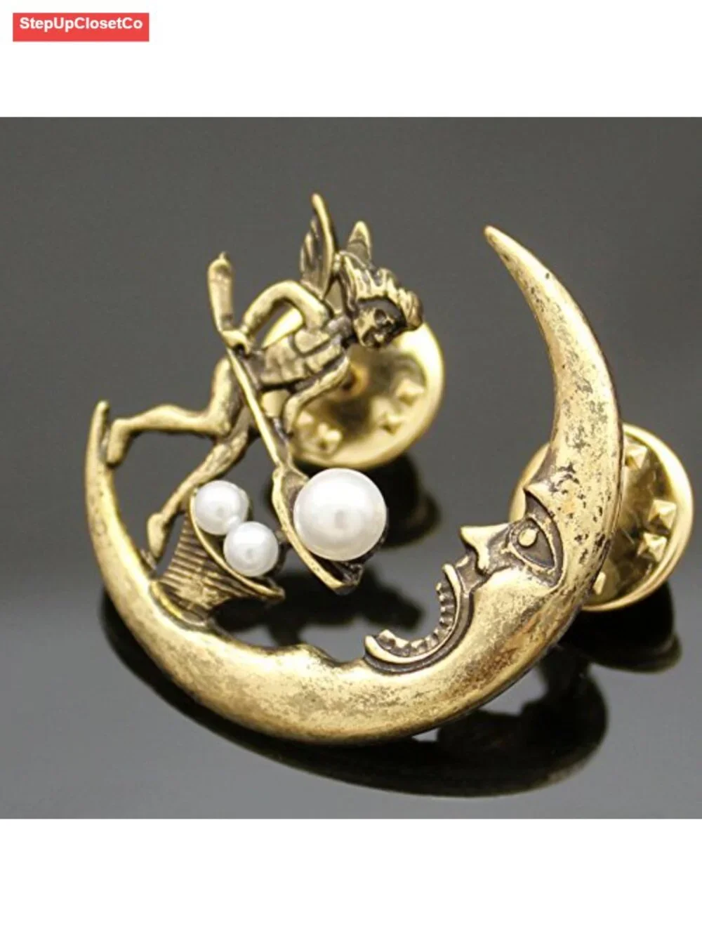 Vintage Tribal Angel Fairy Moon Brooch Pin Simulated Pearl Baroque Lapel